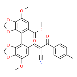 ChemSpider 2D Image | Methyl 5'-[(1E)-2-cyano-3-(4-methylphenyl)-3-oxo-1-propen-1-yl]-7,7'-dimethoxy-4,4'-bi-1,3-benzodioxole-5-carboxylate | C29H23NO9