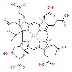ChemSpider 2D Image | {3,3',3'',3'''-[(4R,10S,14S,18S,19S)-3,9,14-Tris(carboxymethyl)-4,10,14,19,23-pentamethyl-21-oxo-22-oxa-24,25,26,27-tetraazahexacyclo[15.6.1.1~2,5~.1~7,10~.1~12,15~.0~1,19~]heptacosa-2,5(27),6,8,12,15
(25),16-heptaene-4,8,13,18-tetrayl-kappa~4~N~24~,N~25~,N~26~,N~27~]tetrapropanoato(2-)}cobalt | C45H52CoN4O16