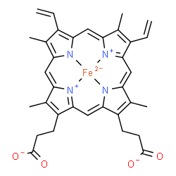ChemSpider 2D Image | [3,3'-(3,7,12,17-Tetramethyl-8,13-divinyl-2,18-porphyrindiyl-kappa~4~N~21~,N~22~,N~23~,N~24~)dipropanoato(4-)]ferrate(2-) | C34H30FeN4O4