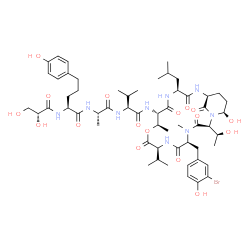 ChemSpider 2D Image | N-[(2R)-2,3-Dihydroxypropanoyl]-5-(4-hydroxyphenyl)-L-norvalyl-L-alanyl-N-{(2S,5S,8S,11R,12S,15S,18S,21R)-5-(3-bromo-4-hydroxybenzyl)-21-hydroxy-2-[(1S)-1-hydroxyethyl]-15-isobutyl-8-isopropyl-4,11-di
methyl-3,6,9,13,16,22-hexaoxo-10-oxa-1,4,7,14,17-pentaazabicyclo[16.3.1]docos-12-yl}-L-valinamide | C56H82BrN9O17
