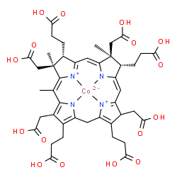 ChemSpider 2D Image | {3,3',3'',3'''-[(7S,8S,12S,13S)-3,8,13,17-Tetrakis(carboxymethyl)-8,13,15-trimethyl-3,7,8,12,13,20-hexahydroporphyrin-2,7,12,18-tetrayl-kappa~4~N~21~,N~22~,N~23~,N~24~]tetrapropanoato(2-)}cobalt | C43H48CoN4O16