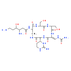 ChemSpider 2D Image | 3,6-Diamino-N-[(6Z)-3-[(4R)-2-amino-1,4,5,6-tetrahydro-4-pyrimidinyl]-6-[(carbamoylamino)methylene]-9,12-bis(hydroxymethyl)-2,5,8,11,14-pentaoxo-1,4,7,10,13-pentaazacyclohexadecan-15-yl]-4-hydroxyhexa
namide | C25H43N13O10