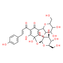 ChemSpider 2D Image | 3,4,6,7-Tetrahydroxy-2-(hydroxymethyl)-8-[(2E)-3-(4-hydroxyphenyl)-2-propenoyl]-9-oxo-3,4,4a,6,9,9b-hexahydro-2H-pyrano[3,2-b][1]benzofuran-6-yl beta-D-glucopyranoside | C27H30O16