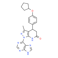 ChemSpider 2D Image | 4-[4-(Cyclopentyloxy)phenyl]-3-methyl-1-(1H-purin-6-yl)-1,4,5,7-tetrahydro-6H-pyrazolo[3,4-b]pyridin-6-one | C23H23N7O2