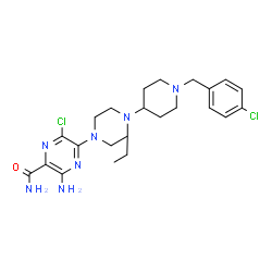 ChemSpider 2D Image | 3-amino-6-chloro-5-[4-[1-[(4-chlorophenyl)methyl]-4-piperidyl]-3-ethyl-piperazin-1-yl]pyrazine-2-carboxamide | C23H31Cl2N7O