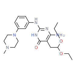 ChemSpider 2D Image | 6-Amino-5-(2,2-diethoxyethyl)-2-((3-(4-methylpiperazin-1-yl)phenyl)amino)pyrimidin-4(3H)-one | C21H32N6O3