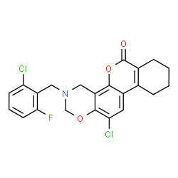 ChemSpider 2D Image | 12-Chloro-3-(2-chloro-6-fluorobenzyl)-3,4,7,8,9,10-hexahydro-2H,6H-benzo[3,4]chromeno[8,7-e][1,3]oxazin-6-one | C22H18Cl2FNO3
