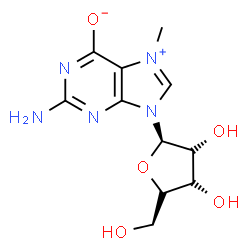 ChemSpider 2D Image | 2-Amino-7-methyl-9-(alpha-L-ribofuranosyl)-9H-purin-7-ium-6-olate | C11H15N5O5