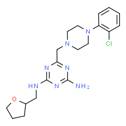 ChemSpider 2D Image | 6-{[4-(2-Chlorophenyl)-1-piperazinyl]methyl}-N-(tetrahydro-2-furanylmethyl)-1,3,5-triazine-2,4-diamine | C19H26ClN7O