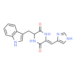 ChemSpider 2D Image | (3Z)-3-(1H-Imidazol-4-ylmethylene)-6-(1H-indol-3-ylmethyl)-2,5-piperazinedione | C17H15N5O2