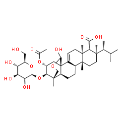 ChemSpider 2D Image | (1R,5S,6R,7R,10R,11R,14S,15S,18S,20R,21R)-20-Acetoxy-21-(beta-D-glucopyranosyloxy)-18-hydroxy-5,7,10,15-tetramethyl-7-[(2R)-3-methyl-2-butanyl]-17-oxapentacyclo[13.3.3.0~1,14~.0~2,11~.0~5,10~]henicos-
2-ene-6-carboxylic acid | C38H60O12