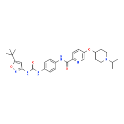 ChemSpider 2D Image | 5-[(1-Isopropyl-4-piperidinyl)oxy]-N-[4-({[5-(2-methyl-2-propanyl)-1,2-oxazol-3-yl]carbamoyl}amino)phenyl]-2-pyridinecarboxamide | C28H36N6O4
