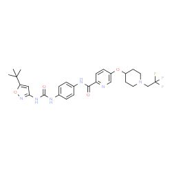 ChemSpider 2D Image | N-[4-({[5-(2-Methyl-2-propanyl)-1,2-oxazol-3-yl]carbamoyl}amino)phenyl]-5-{[1-(2,2,2-trifluoroethyl)-4-piperidinyl]oxy}-2-pyridinecarboxamide | C27H31F3N6O4