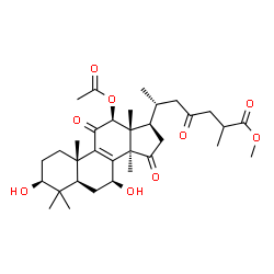 ChemSpider 2D Image | Methyl (3beta,7beta,12beta)-12-acetoxy-3,7-dihydroxy-11,15,23-trioxolanost-8-en-26-oate | C33H48O9