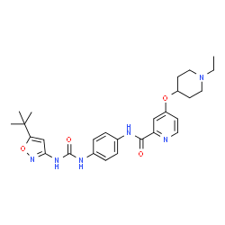 ChemSpider 2D Image | 4-[(1-Ethyl-4-piperidinyl)oxy]-N-[4-({[5-(2-methyl-2-propanyl)-1,2-oxazol-3-yl]carbamoyl}amino)phenyl]-2-pyridinecarboxamide | C27H34N6O4