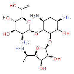 ChemSpider 2D Image | (1R,2R,3S,5R,6S)-3,5-Diamino-2-({(5R)-2-amino-2-deoxy-5-[(1R)-1-hydroxyethyl]-alpha-D-xylopyranosyl}oxy)-6-hydroxycyclohexyl 5-amino-5,6-dideoxy-beta-D-allofuranoside | C19H38N4O10