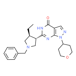 ChemSpider 2D Image | 6-[(3S,4S)-1-Benzyl-4-ethyl-3-pyrrolidinyl]-1-(tetrahydro-2H-pyran-4-yl)-1,5-dihydro-4H-pyrazolo[3,4-d]pyrimidin-4-one | C23H29N5O2