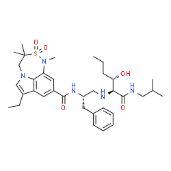 ChemSpider 2D Image | 7-Ethyl-N-[(2S)-1-{[(2S,3S)-3-hydroxy-1-(isobutylamino)-1-oxo-2-hexanyl]amino}-3-phenyl-2-propanyl]-1,3,3-trimethyl-3,4-dihydro-1H-[1,2,5]thiadiazepino[3,4,5-hi]indole-9-carboxamide 2,2-dioxide | C35H51N5O5S