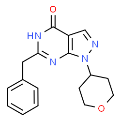 ChemSpider 2D Image | 6-Benzyl-1-(tetrahydro-2H-pyran-4-yl)-1,5-dihydro-4H-pyrazolo[3,4-d]pyrimidin-4-one | C17H18N4O2