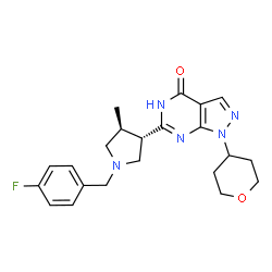 ChemSpider 2D Image | 6-[(3S,4S)-1-(4-Fluorobenzyl)-4-methyl-3-pyrrolidinyl]-1-(tetrahydro-2H-pyran-4-yl)-1,5-dihydro-4H-pyrazolo[3,4-d]pyrimidin-4-one | C22H26FN5O2