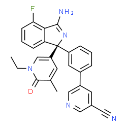 ChemSpider 2D Image | 5-{3-[(1R)-3-Amino-1-(1-ethyl-5-methyl-6-oxo-1,6-dihydro-3-pyridinyl)-4-fluoro-1H-isoindol-1-yl]phenyl}nicotinonitrile | C28H22FN5O