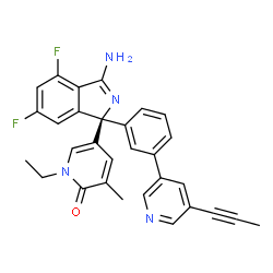 ChemSpider 2D Image | 5-[(1R)-3-Amino-4,6-difluoro-1-{3-[5-(1-propyn-1-yl)-3-pyridinyl]phenyl}-1H-isoindol-1-yl]-1-ethyl-3-methyl-2(1H)-pyridinone | C30H24F2N4O