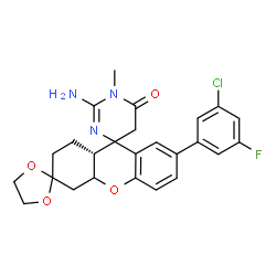 ChemSpider 2D Image | (9a'R)-2''-Amino-7'-(3-chloro-5-fluorophenyl)-1''-methyl-1',4',4a',9a'-tetrahydro-1''H,2'H-dispiro[1,3-dioxolane-2,3'-xanthene-9',4''-pyrimidin]-6''(5''H)-one | C25H25ClFN3O4