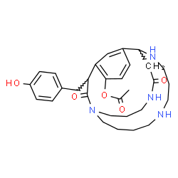 ChemSpider 2D Image | 17-(4-Hydroxybenzyl)-18,23-dioxo-1,6,10,22-tetraazatricyclo[9.7.6.1~12,16~]pentacosa-12(25),13,15-trien-15-yl acetate | C30H40N4O5