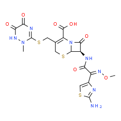 ChemSpider 2D Image | (7R)-7-{[(2E)-2-(2-Amino-1,3-thiazol-4-yl)-2-(methoxyimino)acetyl]amino}-3-{[(2-methyl-5,6-dioxo-1,2,5,6-tetrahydro-1,2,4-triazin-3-yl)sulfanyl]methyl}-8-oxo-5-thia-1-azabicyclo[4.2.0]oct-2-ene-2-carb
oxylic acid | C18H18N8O7S3