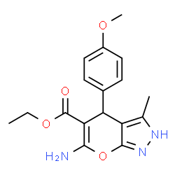 ChemSpider 2D Image | ethyl 6-amino-4-(4-methoxyphenyl)-3-methyl-1H,4H-pyrano[2,3-c]pyrazole-5-carboxylate | C17H19N3O4