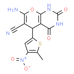 ChemSpider 2D Image | 7-Amino-5-(5-methyl-4-nitro-2-thienyl)-2,4-dioxo-1,3,4,5-tetrahydro-2H-pyrano[2,3-d]pyrimidine-6-carbonitrile | C13H9N5O5S