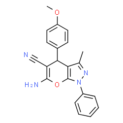 ChemSpider 2D Image | 6-Amino-1,4-dihydro-4-(4-methoxyphenyl)-3-methyl-1-phenylpyrano[2,3-c]pyrazole-5-carbonitrile | C21H18N4O2
