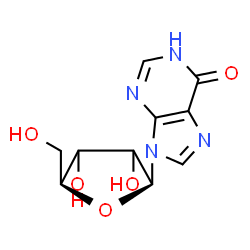 ChemSpider 2D Image | 9-[(2S,5S)-3,4-dihydroxy-5-(hydroxymethyl)tetrahydrofuran-2-yl]-1H-purin-6-one | C10H12N4O5