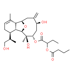ChemSpider 2D Image | (1R,2R,6R,7R,8R,9R,10S,12S)-9,12-Dihydroxy-6-(1-hydroxy-2-propanyl)-3,9-dimethyl-13-methylene-15-oxatricyclo[6.6.1.0~2,7~]pentadec-3-en-10-yl 2-(butyryloxy)butanoate | C28H44O8