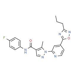 ChemSpider 2D Image | N-(4-Fluorophenyl)-5-methyl-1-[4-(3-propyl-1,2,4-oxadiazol-5-yl)-2-pyridinyl]-1H-pyrazole-4-carboxamide | C21H19FN6O2
