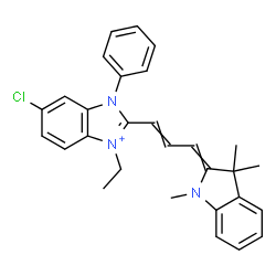 ChemSpider 2D Image | 6-Chloro-3-ethyl-1-phenyl-2-[3-(1,3,3-trimethyl-1,3-dihydro-2H-indol-2-ylidene)-1-propen-1-yl]-1H-3,1-benzimidazol-3-ium | C29H29ClN3