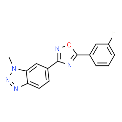 ChemSpider 2D Image | 6-[5-(3-Fluorophenyl)-1,2,4-oxadiazol-3-yl]-1-methyl-1H-benzotriazole | C15H10FN5O