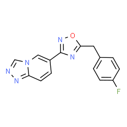 ChemSpider 2D Image | 6-[5-(4-Fluorobenzyl)-1,2,4-oxadiazol-3-yl][1,2,4]triazolo[4,3-a]pyridine | C15H10FN5O