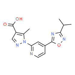 ChemSpider 2D Image | 1-[4-(3-Isopropyl-1,2,4-oxadiazol-5-yl)-2-pyridinyl]-5-methyl-1H-pyrazole-4-carboxylic acid | C15H15N5O3