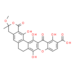 ChemSpider 2D Image | 8,13,15,16-Tetrahydroxy-3-methoxy-3-methyl-1,14-dioxo-1,3,4,6,7,14-hexahydropyrano[4',3':6,7]naphtho[1,2-b]xanthene-12-carboxylic acid | C27H20O11