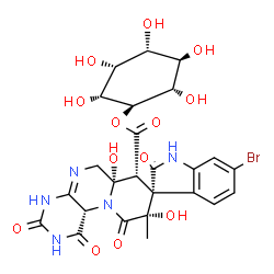 ChemSpider 2D Image | (1R,2R,3R,4R,5R,6S)-2,3,4,5,6-Pentahydroxycyclohexyl (3R,6a'S,7'R,9'S,11a'S)-6-bromo-6a',9'-dihydroxy-9'-methyl-1',2,3',10'-tetraoxo-1,1',2,2',3',4',6',6a',7',9',10',11a'-dodecahydrospiro[indole-3,8'-
pyrido[1,2-f]pteridine]-7'-carboxylate | C25H26BrN5O13