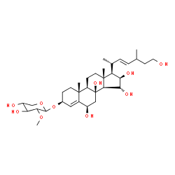 ChemSpider 2D Image | (3S,6R,8S,9R,10R,13R,14S,15R,16R,17R)-3-[(4,5-Dihydroxy-3-methoxytetrahydro-2H-pyran-2-yl)oxy]-17-[(2R,3E)-7-hydroxy-5-methyl-3-hepten-2-yl]-10,13-dimethyl-1,2,3,6,7,9,10,11,12,13,14,15,16,17-tetradec
ahydro-8H-cyclopenta[a]phenanthrene-6,8,15,16-tetrol | C33H54O10