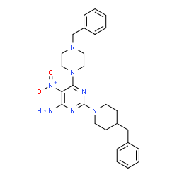 ChemSpider 2D Image | 6-(4-Benzyl-1-piperazinyl)-2-(4-benzyl-1-piperidinyl)-5-nitro-4-pyrimidinamine | C27H33N7O2