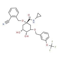 ChemSpider 2D Image | (1S,3R,4R)-1-[(2-Cyanobenzyl)oxy]-N-cyclopropyl-3,4-dihydroxy-5-{[3-(trifluoromethoxy)benzyl]oxy}cyclohexanecarboxamide | C26H27F3N2O6
