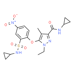 ChemSpider 2D Image | N-Cyclopropyl-5-[2-(cyclopropylsulfamoyl)-4-nitrophenoxy]-1-ethyl-4-methyl-1H-pyrazole-3-carboxamide | C19H23N5O6S