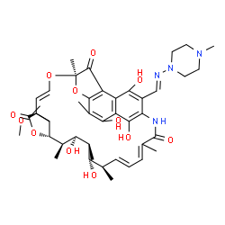 ChemSpider 2D Image | (7R,9E,11S,12R,13S,14R,15R,16S,17S,18R,19E)-2,15,17,27,29-Pentahydroxy-11-methoxy-3,7,12,14,16,18,22-heptamethyl-26-{(E)-[(4-methyl-1-piperazinyl)imino]methyl}-6,23-dioxo-8,30-dioxa-24-azatetracyclo[2
3.3.1.1~4,7~.0~5,28~]triaconta-1(28),2,4,9,19,21,25(29),26-octaen-13-yl acetate | C43H58N4O12