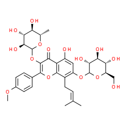 ChemSpider 2D Image | 3-[(6-Deoxy-L-glucopyranosyl)oxy]-5-hydroxy-2-(4-methoxyphenyl)-8-(3-methyl-2-buten-1-yl)-4-oxo-4H-chromen-7-yl D-glucopyranoside | C33H40O15