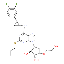 ChemSpider 2D Image | (1R,2S,3R,5S)-3-[7-{[(1R,2R)-2-(3,4-Difluorophenyl)cyclopropyl]amino}-5-(propylsulfanyl)-3H-[1,2,3]triazolo[4,5-d]pyrimidin-3-yl]-5-(2-hydroxyethoxy)-1,2-cyclopentanediol | C23H28F2N6O4S