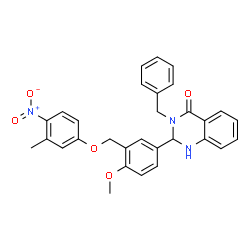 ChemSpider 2D Image | 3-Benzyl-2-{4-methoxy-3-[(3-methyl-4-nitrophenoxy)methyl]phenyl}-2,3-dihydro-4(1H)-quinazolinone | C30H27N3O5