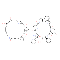 ChemSpider 2D Image | N-[(6R,9S,10R,13S,15aS,22S,24aS)-22-Benzyl-6-ethyl-10,23-dimethyl-5,8,12,15,17,21,24-heptaoxo-13-phenyldocosahydro-12H-pyrido[2,1-f]pyrrolo[2,1-l][1,4,7,10,13,16]oxapentaazacyclononadecin-9-yl]-3-hydr
oxy-2-pyridinecarboxamide - (10R,11R,12Z,17Z,19Z,21S)-21-hydroxy-10-isopropyl-11,19-dimethyl-9,26-dioxa-3,15,28-triazatricyclo[23.2.1.0~3,7~]octacosa-1(27),6,12,17,19,25(28)-hexaene-2,8,14,23-tetrone 
(1:1) | C71H84N10O17